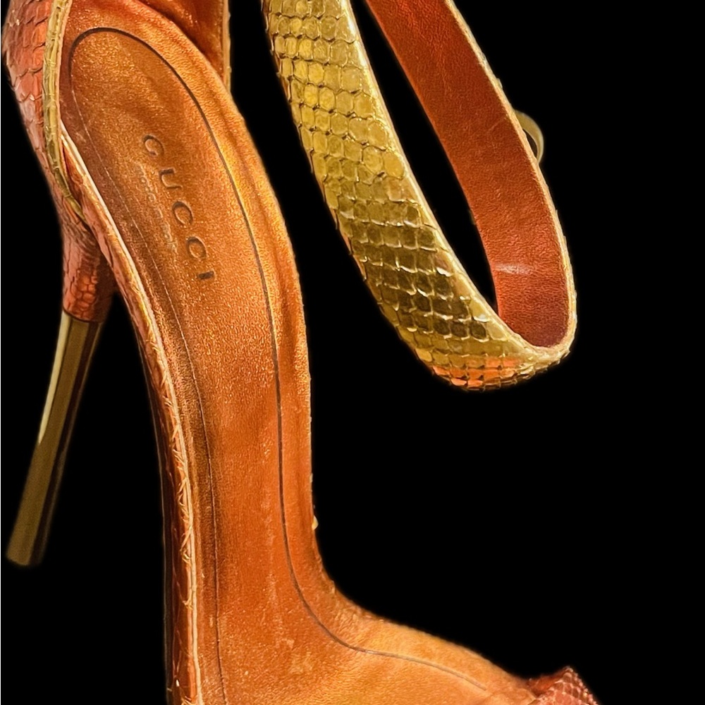 Gucci Orange And Gold Python Heels - image 1